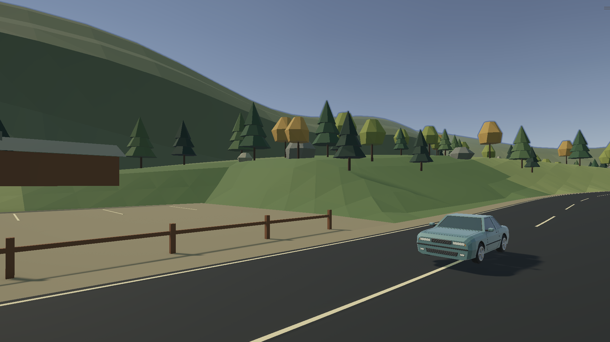 A blue Coupe90 on a winding low-poly mountain road